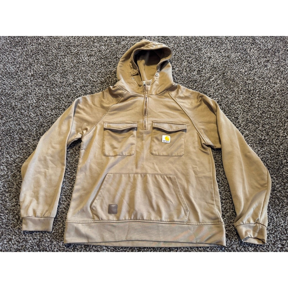 Carhartt Mens S Quarter Zip Hoodie Sweatshirt Tan Brown Workwear Pockets
